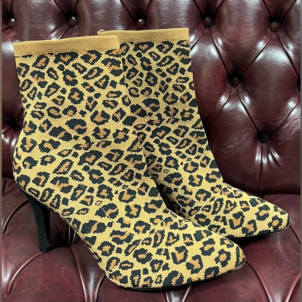 Cushionaire Leopard Print Gipsee Heeled Stretchy Ankle Boots With 4 inch heel